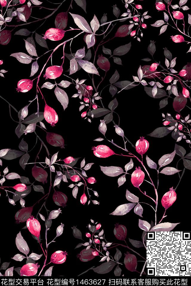 绿植树叶黑底花卉年轻女性数码印花华亿平台下载（图片编号: 1463627） - 瓦栏（Walan）