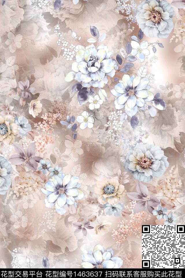 花卉小清新真丝数码印花华亿平台下载（图片编号: 1463637） - 瓦栏（Walan）