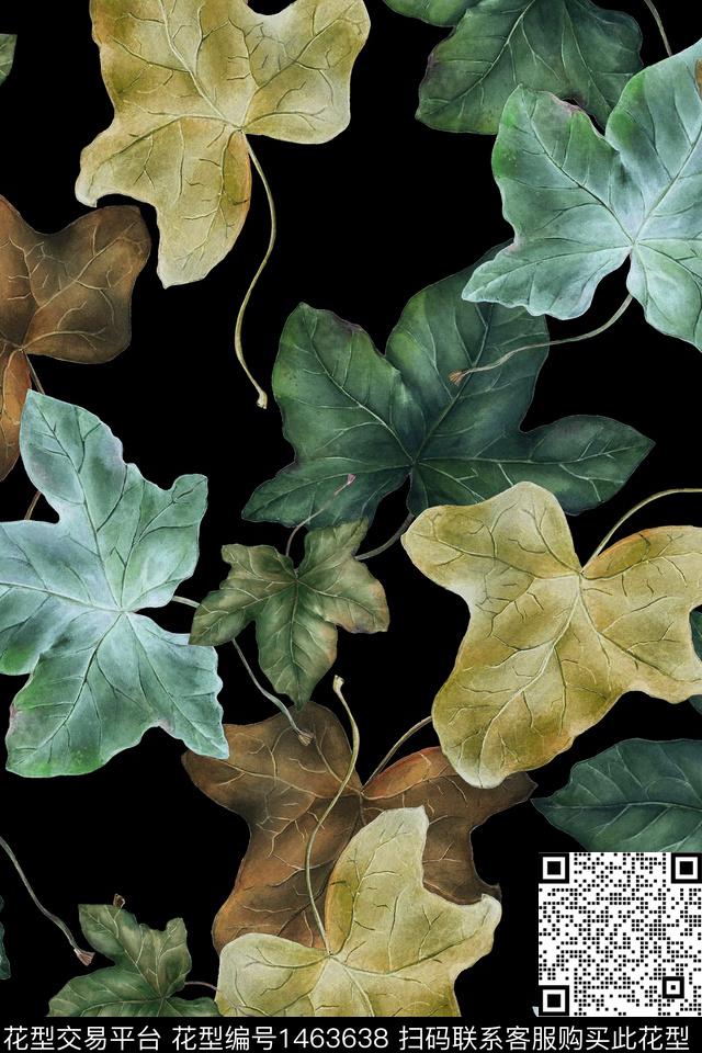 绿植树叶黑底花卉大牌风数码印花华亿平台下载（图片编号: 1463638） - 瓦栏（Walan）