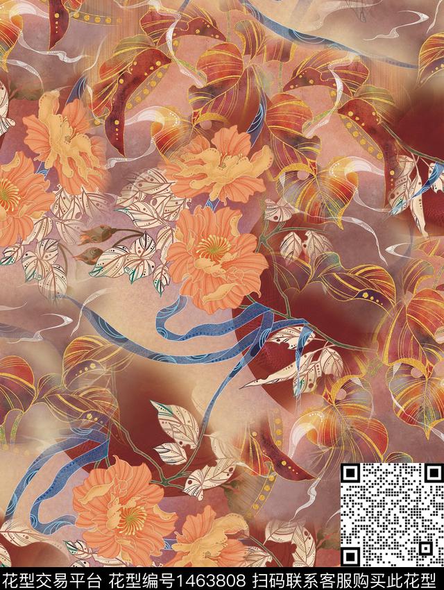 数码华亿平台花卉香云纱数码印花华亿平台下载（图片编号: 1463808） - 瓦栏（Walan）