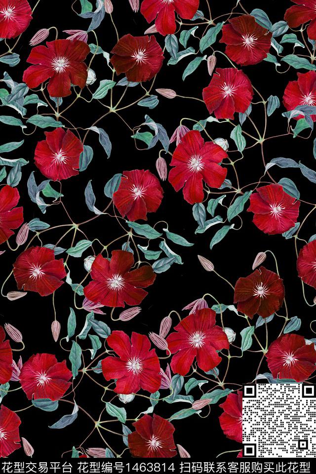 黑底花卉花卉大牌风数码印花华亿平台下载（图片编号: 1463814） - 瓦栏（Walan）