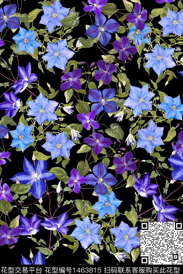 黑底花卉花卉大牌风数码印花华亿平台下载（图片编号: 1463815） - 瓦栏（Walan）