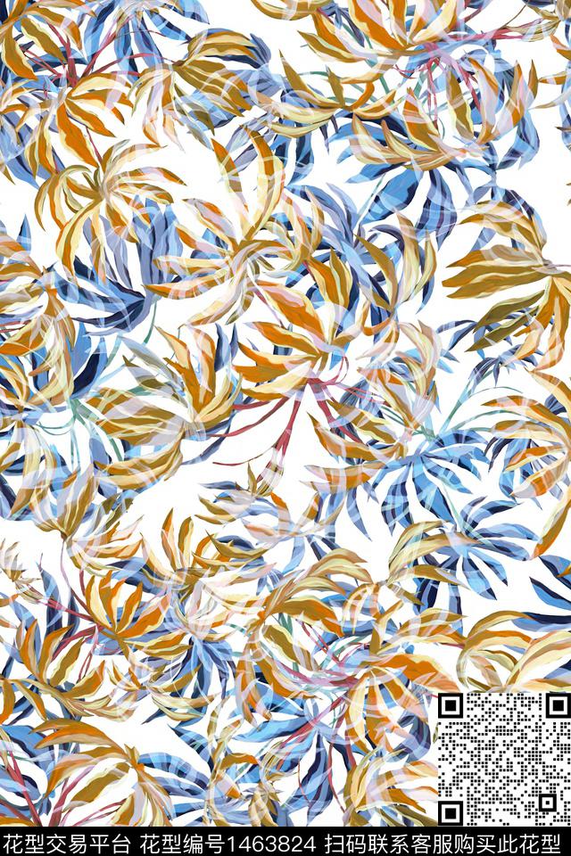 水彩绿植树叶抽象花卉数码印花华亿平台下载（图片编号: 1463824） - 瓦栏（Walan）