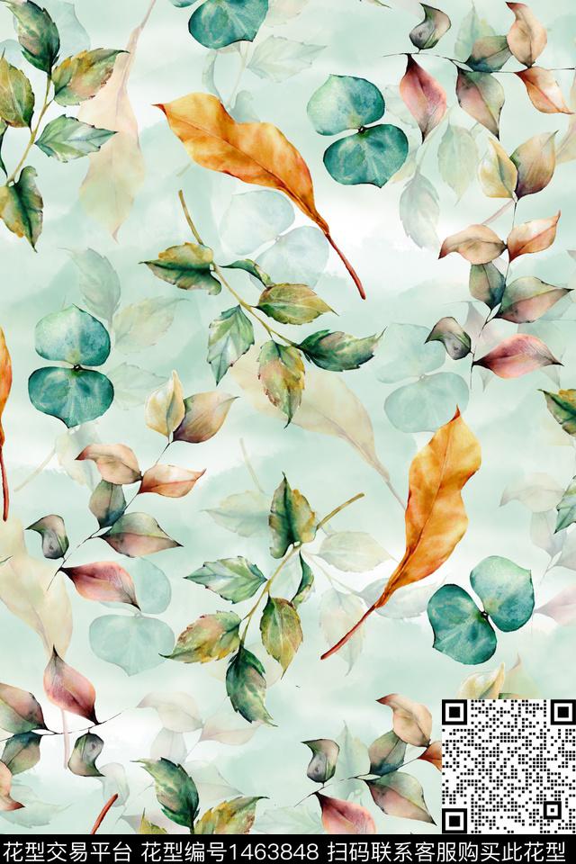 绿植树叶小清新真丝数码印花华亿平台下载（图片编号: 1463848） - 瓦栏（Walan）