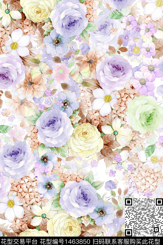 花卉小清新真丝数码印花华亿平台下载（图片编号: 1463850） - 瓦栏（Walan）