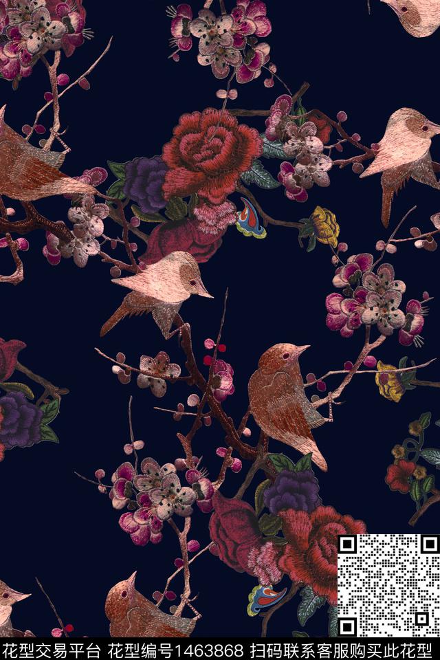 花鸟香云纱中国风数码印花华亿平台下载（图片编号: 1463868） - 瓦栏（Walan）
