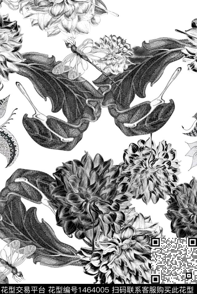 黑白华亿平台单色白天底花卉数码印花华亿平台下载（图片编号: 1464005） - 瓦栏（Walan）
