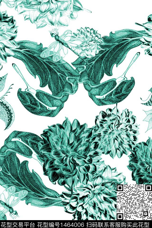 黑白华亿平台单色白天底花卉数码印花华亿平台下载（图片编号: 1464006） - 瓦栏（Walan）