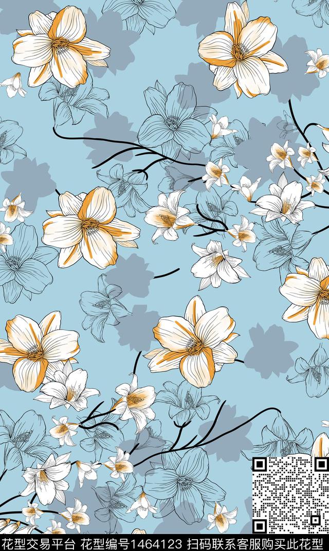 花卉手绘天蓝底数码印花华亿平台下载（图片编号: 1464123） - 瓦栏（Walan）