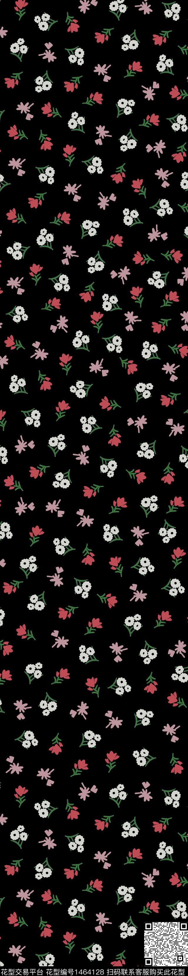 手绘小碎花黑底花卉传统印花华亿平台下载（图片编号: 1464128） - 瓦栏（Walan）