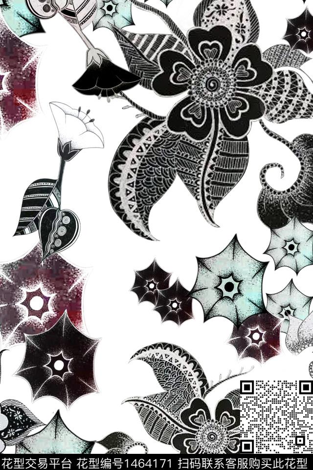 花卉线条花卉单色数码印花华亿平台下载（图片编号: 1464171） - 瓦栏（Walan）