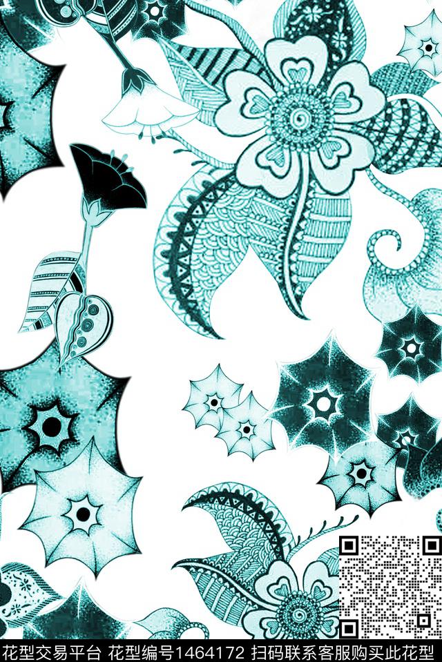 花卉线条花卉单色数码印花华亿平台下载（图片编号: 1464172） - 瓦栏（Walan）
