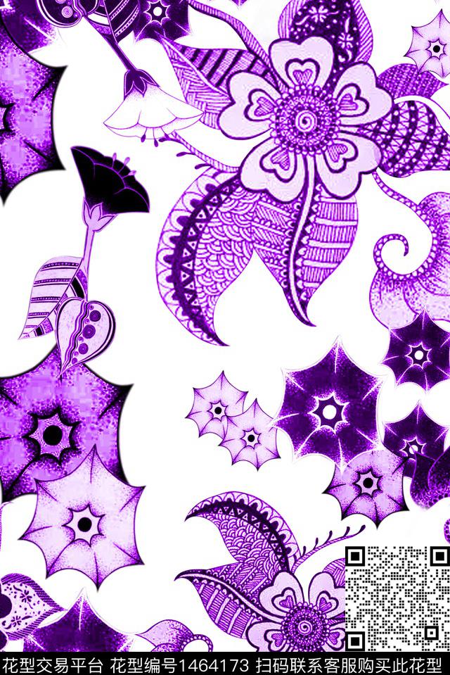 花卉线条花卉单色数码印花华亿平台下载（图片编号: 1464173） - 瓦栏（Walan）