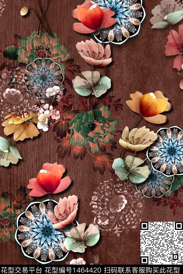 花卉香云纱真丝数码印花华亿平台下载（图片编号: 1464420） - 瓦栏（Walan）