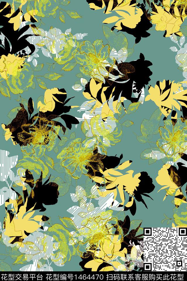 线条花卉形象数码印花华亿平台下载（图片编号: 1464470） - 瓦栏（Walan）