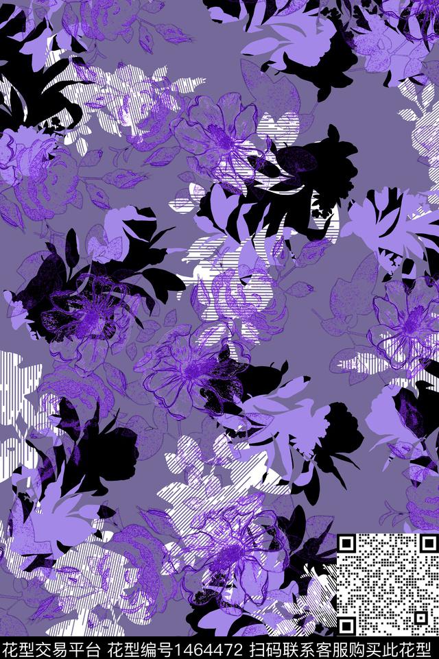 线条花卉形象数码印花华亿平台下载（图片编号: 1464472） - 瓦栏（Walan）