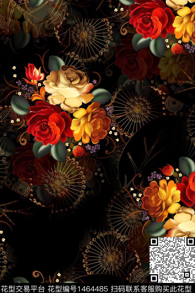 绿植树叶黑底花卉大牌风数码印花华亿平台下载（图片编号: 1464485） - 瓦栏（Walan）