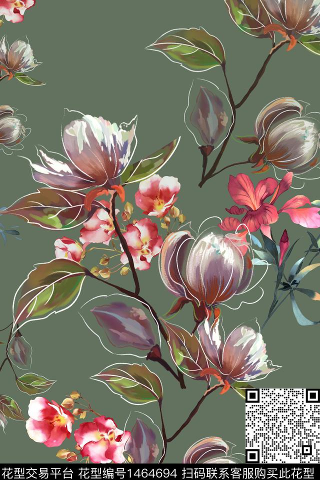 水彩花卉大牌风数码印花华亿平台下载（图片编号: 1464694） - 瓦栏（Walan）