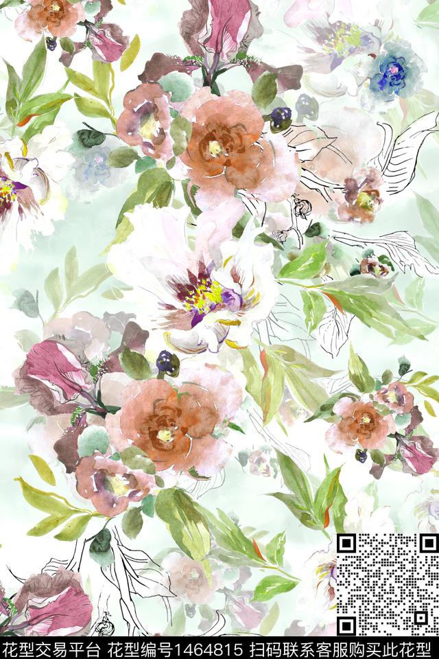 时尚花卉真丝数码印花华亿平台下载（图片编号: 1464815） - 瓦栏（Walan）