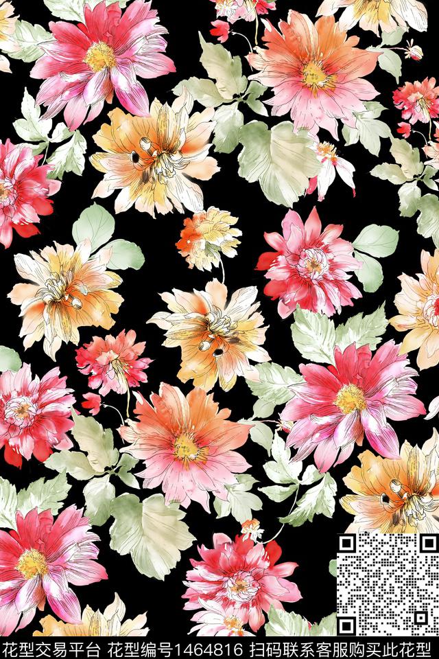 时尚花卉真丝数码印花华亿平台下载（图片编号: 1464816） - 瓦栏（Walan）