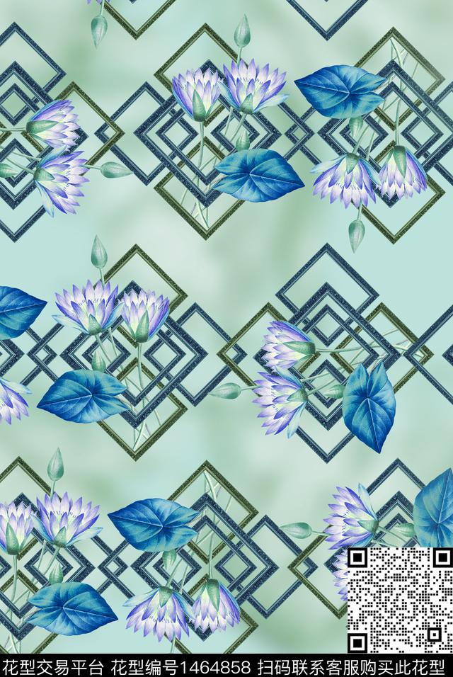 几何花卉正方形数码印花华亿平台下载（图片编号: 1464858） - 瓦栏（Walan）