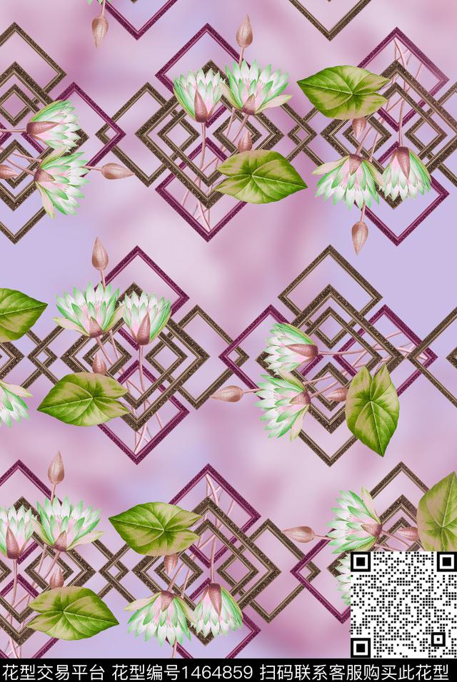 几何花卉正方形数码印花华亿平台下载（图片编号: 1464859） - 瓦栏（Walan）