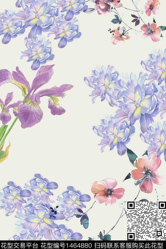 水彩花卉大牌风数码印花华亿平台下载（图片编号: 1464880） - 瓦栏（Walan）