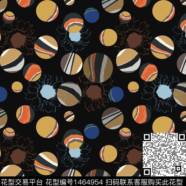 几何花卉圆圈与波点传统印花华亿平台下载（图片编号: 1464954） - 瓦栏（Walan）