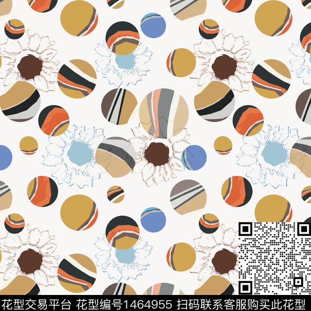 几何花卉圆圈与波点传统印花华亿平台下载（图片编号: 1464955） - 瓦栏（Walan）