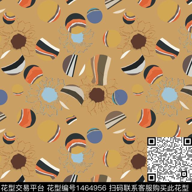 几何花卉圆圈与波点传统印花华亿平台下载（图片编号: 1464956） - 瓦栏（Walan）