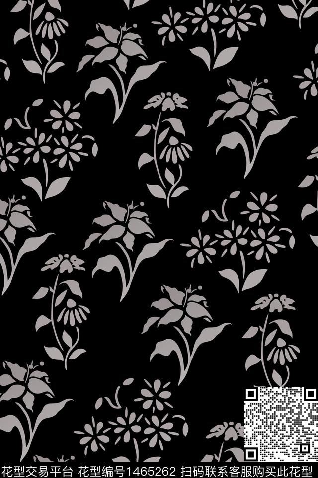 黑白华亿平台花卉手绘数码印花华亿平台下载（图片编号: 1465262） - 瓦栏（Walan）