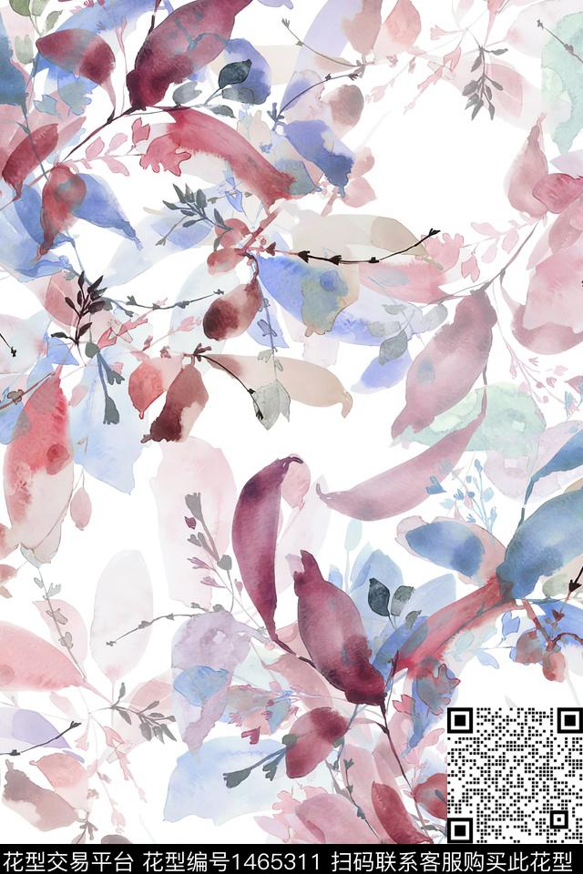 水彩绿植树叶大牌风数码印花华亿平台下载（图片编号: 1465311） - 瓦栏（Walan）