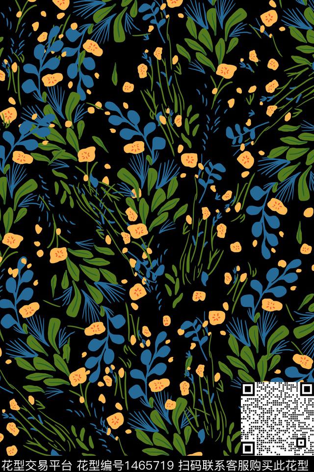 黑底花卉女装花卉传统印花华亿平台下载（图片编号: 1465719） - 瓦栏（Walan）