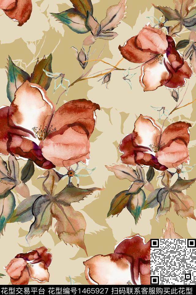 水彩绿植树叶大牌风数码印花华亿平台下载（图片编号: 1465927） - 瓦栏（Walan）