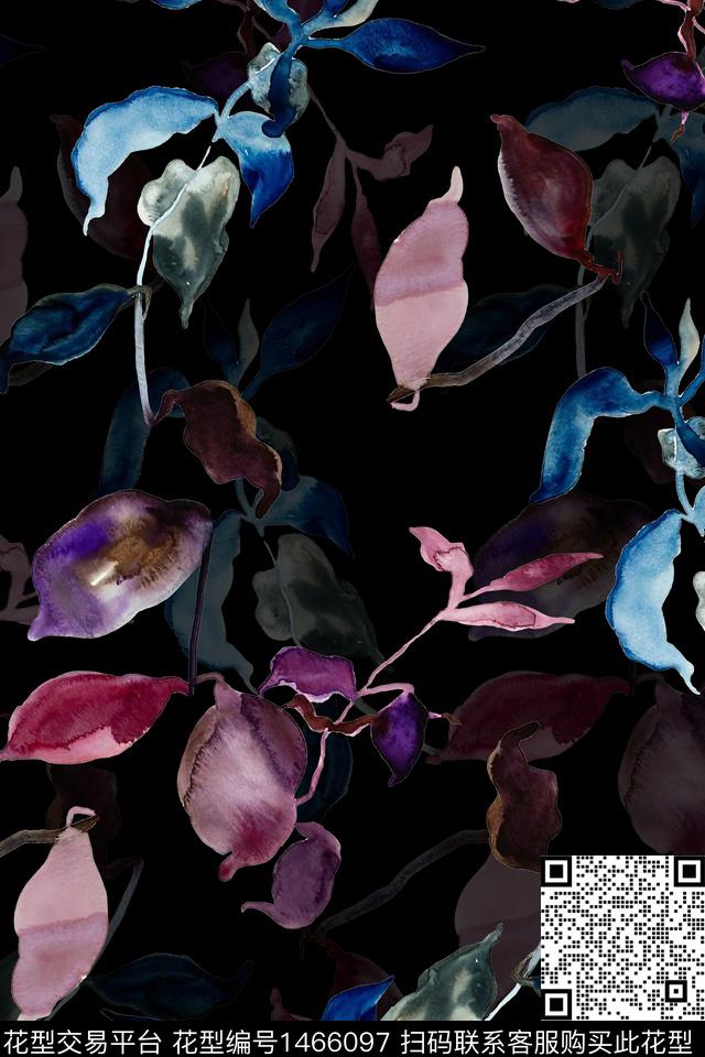 绿植树叶黑底花卉花卉数码印花华亿平台下载（图片编号: 1466097） - 瓦栏（Walan）