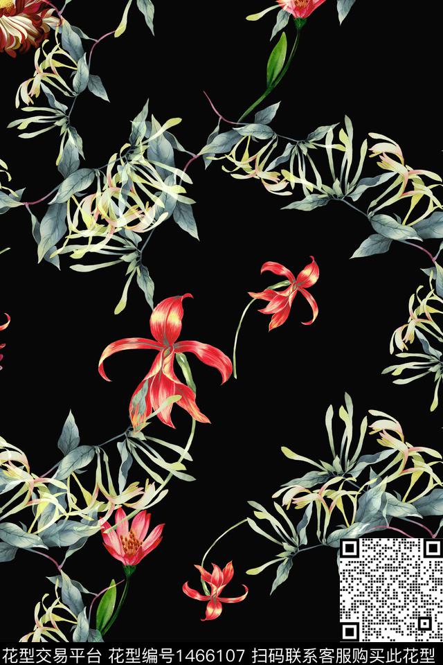 水彩花卉大牌风数码印花华亿平台下载（图片编号: 1466107） - 瓦栏（Walan）