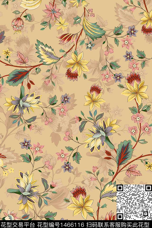 绿植树叶传统纹样大牌风数码印花华亿平台下载（图片编号: 1466116） - 瓦栏（Walan）