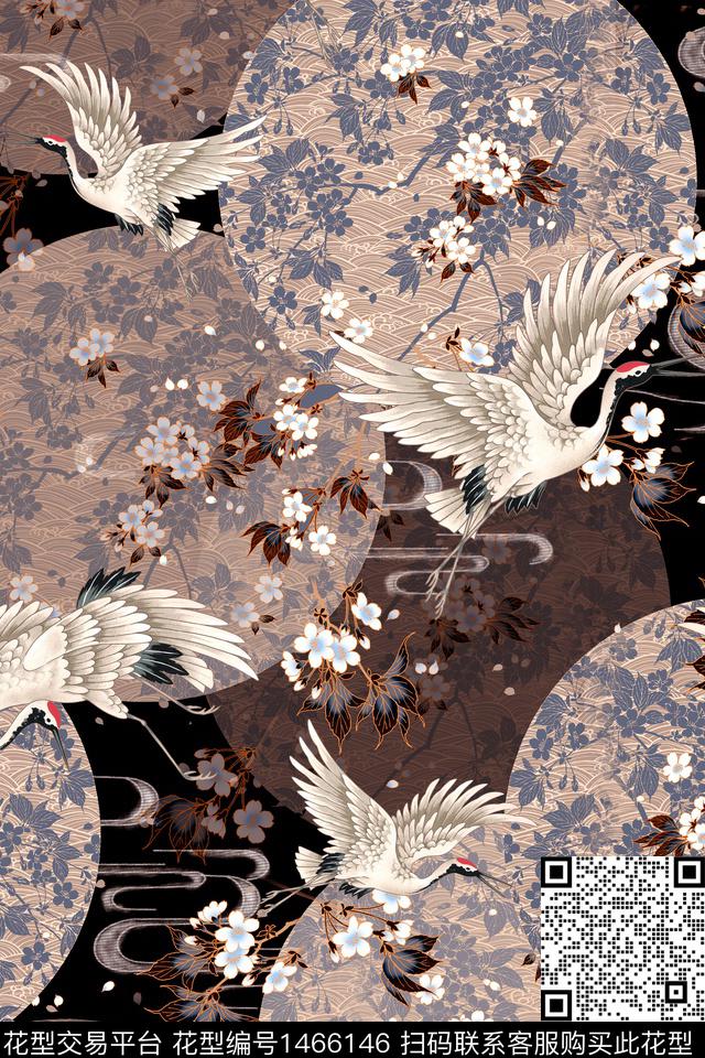 仙鹤花卉中国风数码印花华亿平台下载（图片编号: 1466146） - 瓦栏（Walan）