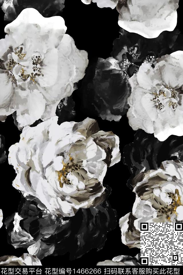 黑底花卉花卉大牌风数码印花华亿平台下载（图片编号: 1466266） - 瓦栏（Walan）