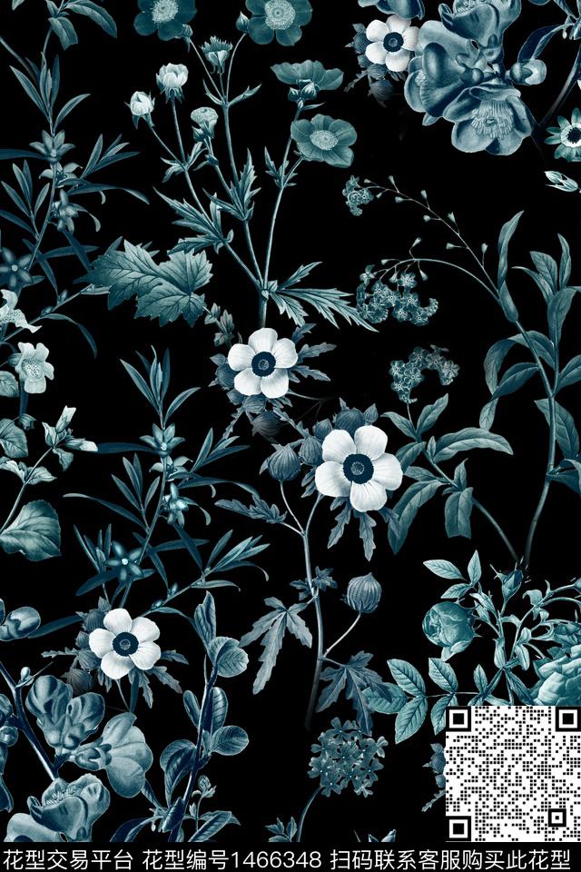 黑底花卉女装花卉数码印花华亿平台下载（图片编号: 1466348） - 瓦栏（Walan）