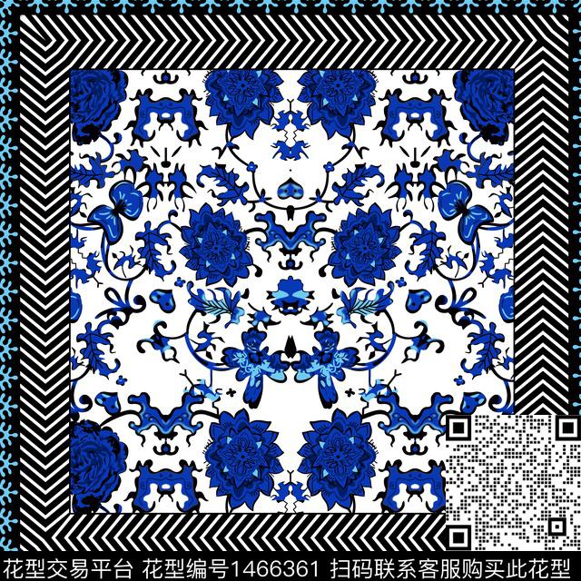 青花瓷欧洲定位花数码印花华亿平台下载（图片编号: 1466361） - 瓦栏（Walan）