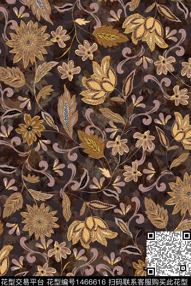 手绘花卉复古民族风数码印花华亿平台下载（图片编号: 1466616） - 瓦栏（Walan）