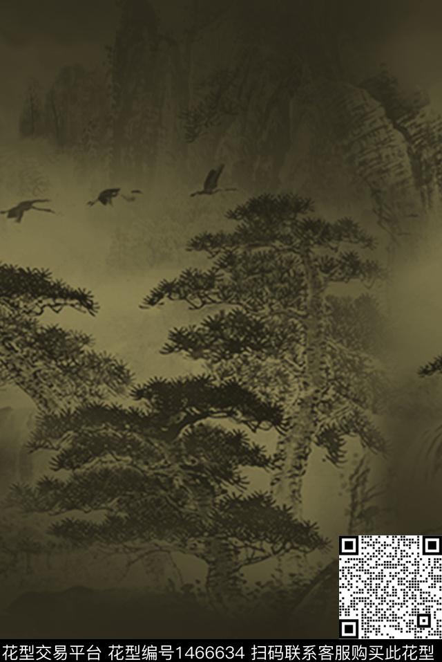 仙鹤国画树数码印花华亿平台下载（图片编号: 1466634） - 瓦栏（Walan）