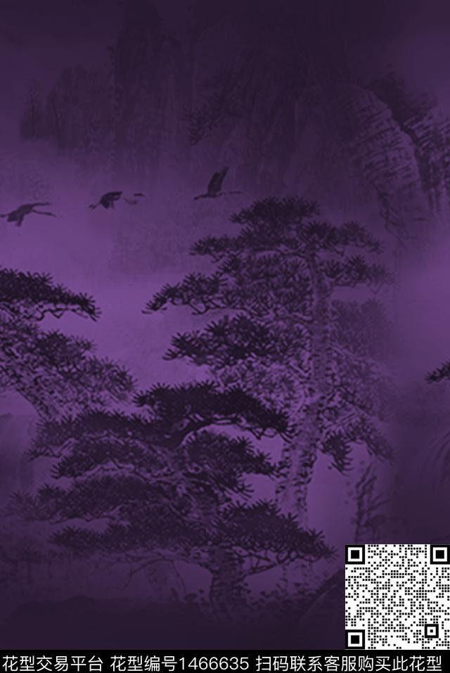 仙鹤国画树数码印花华亿平台下载（图片编号: 1466635） - 瓦栏（Walan）