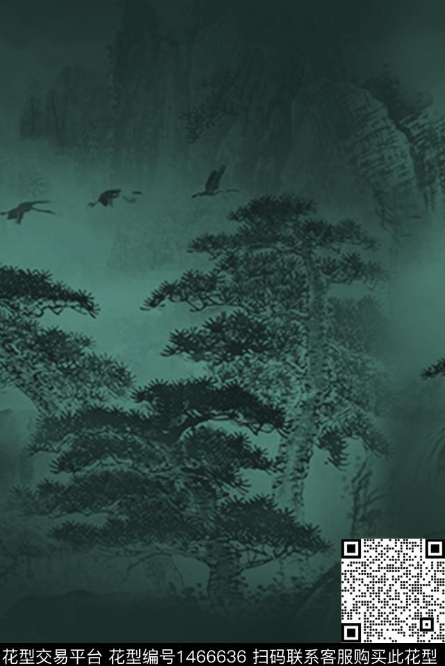 仙鹤国画树数码印花华亿平台下载（图片编号: 1466636） - 瓦栏（Walan）