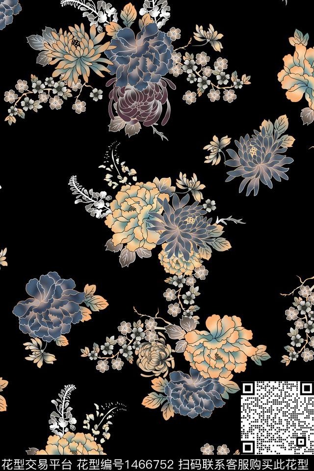 花卉大牌风香云纱数码印花华亿平台下载（图片编号: 1466752） - 瓦栏（Walan）