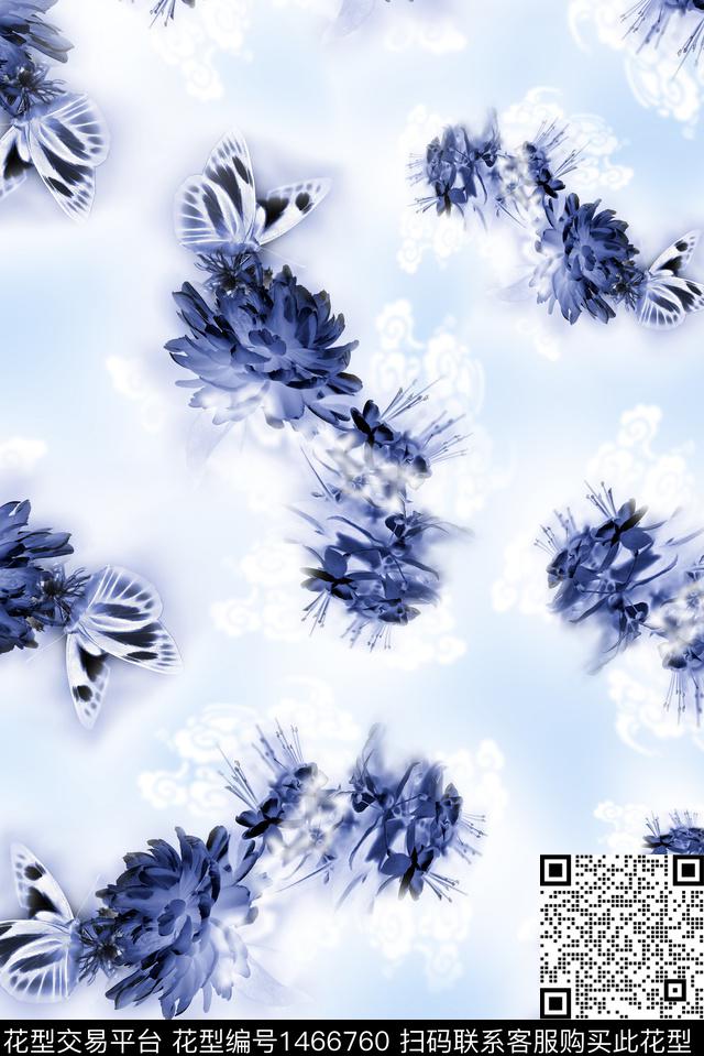花卉蝴蝶牡丹天空数码印花华亿平台下载（图片编号: 1466760） - 瓦栏（Walan）