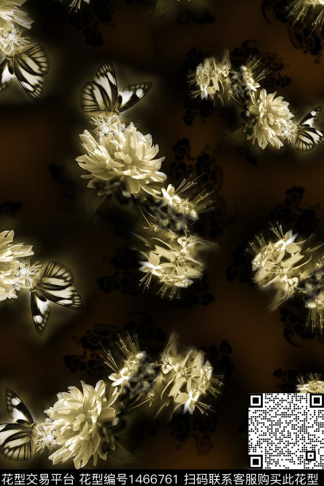 花卉蝴蝶牡丹天空数码印花华亿平台下载（图片编号: 1466761） - 瓦栏（Walan）