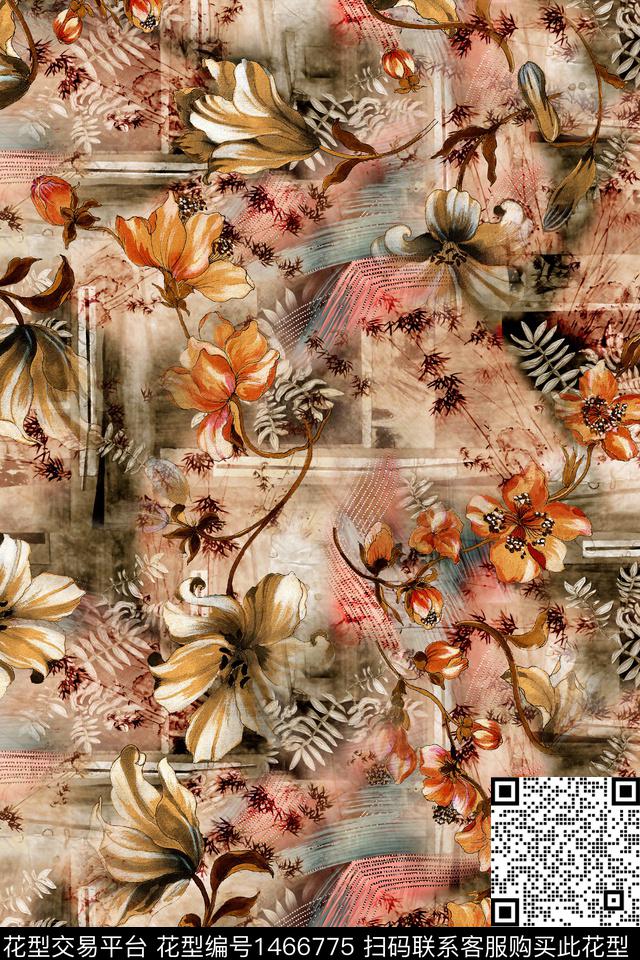 时尚花卉真丝数码印花华亿平台下载（图片编号: 1466775） - 瓦栏（Walan）