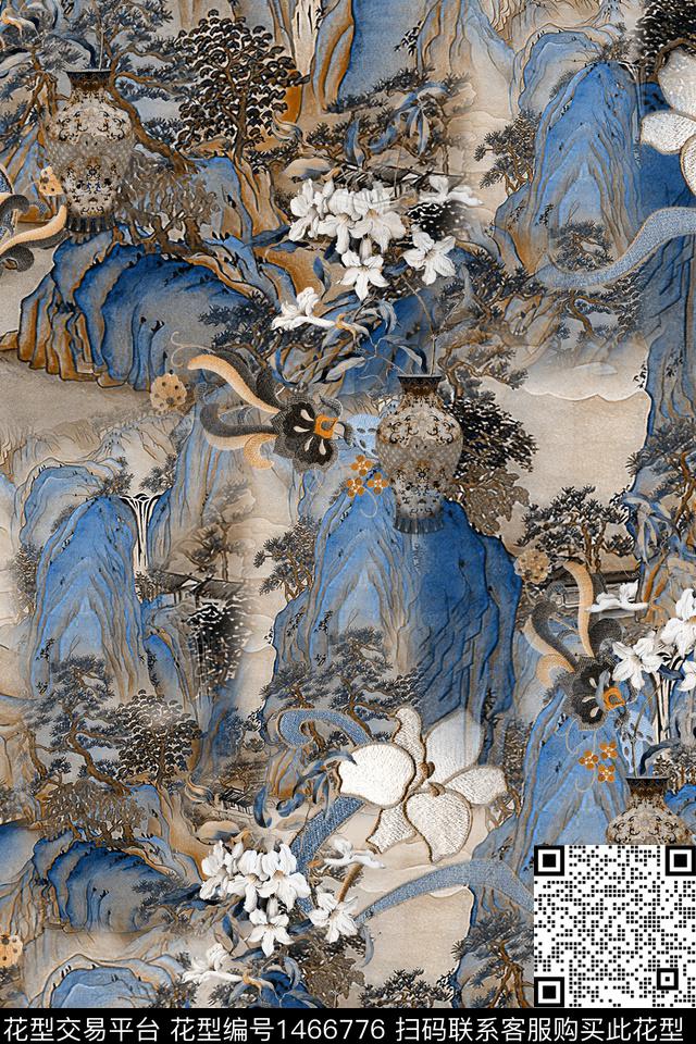 真丝中国风国画数码印花华亿平台下载（图片编号: 1466776） - 瓦栏（Walan）